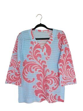 Before + Again Womens Blue & Coral Floral Print 3/4 Sleeve Knit Top Size M